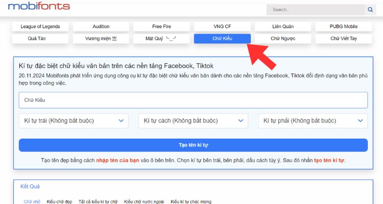 Click vào tùy chọn Chữ kiểu trên website Mobifonts