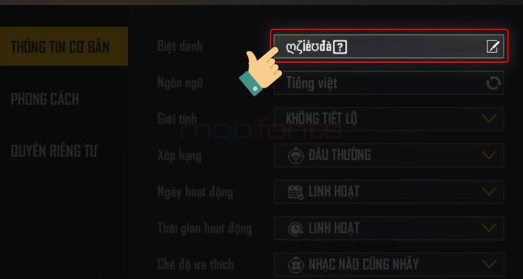 Mục chỉnh sửa tên Free Fire