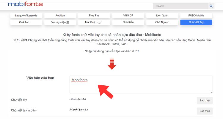 Nhập nội dung văn bản để tạo chữ viết tay trên Mobifonts 